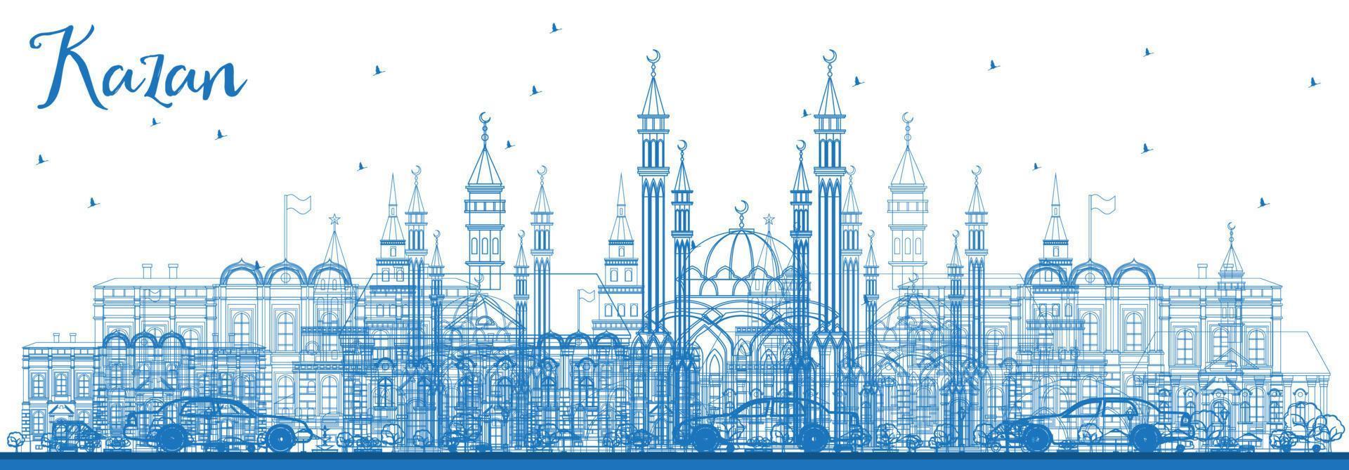 Outline Kazan Skyline with Blue Buildings. vector