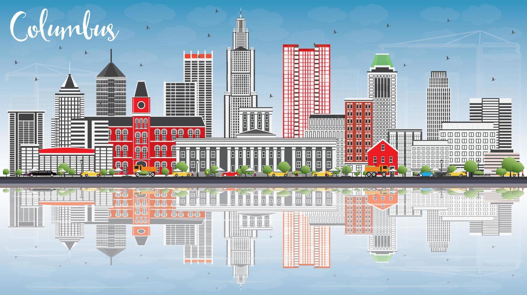 Columbus Skyline with Gray Buildings, Blue Sky and Reflections. vector