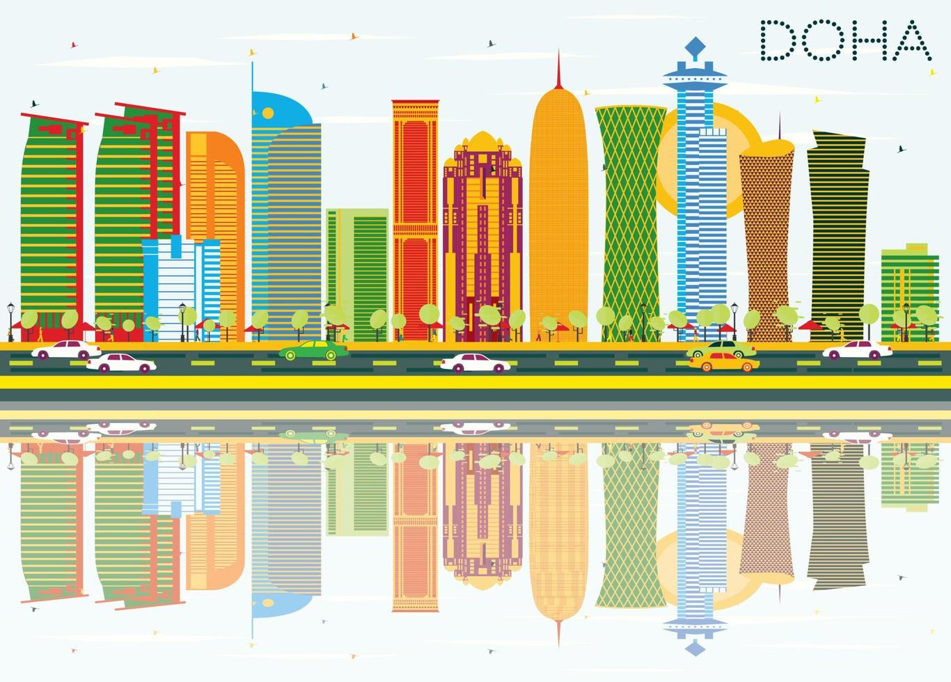 horizonte de doha con edificios de color, cielo azul y reflejos. vector