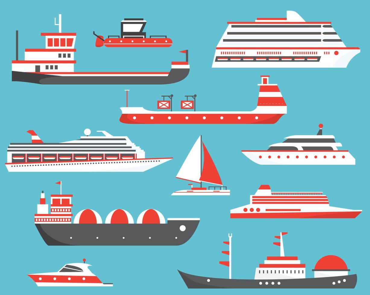 Ships Set. Oil Tanker, Yacht, Bulk Carrier, Gas Tanker and Passenger Cruise Ship. vector