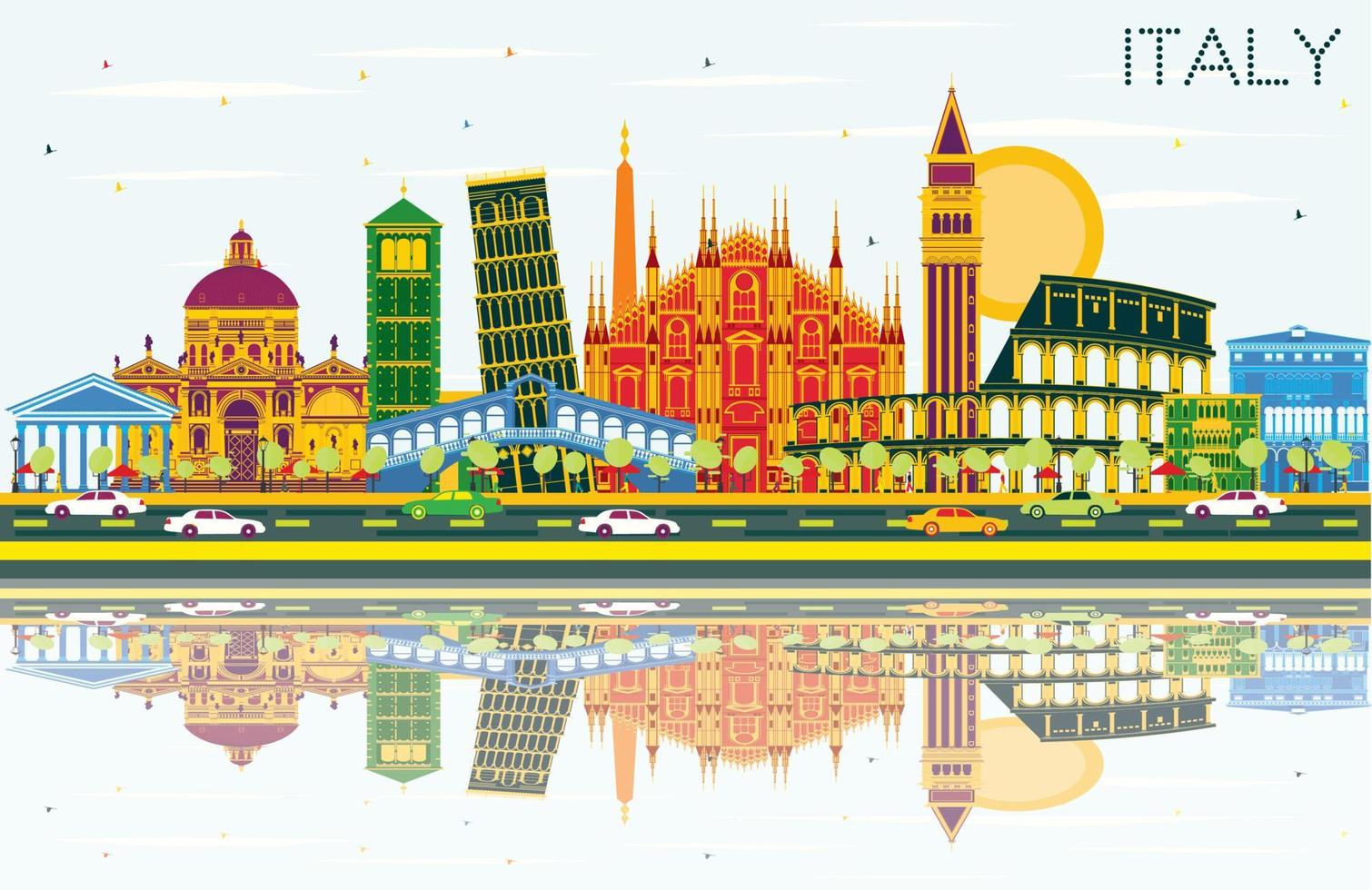 Italy City Skyline with Color Landmarks and Reflections. vector