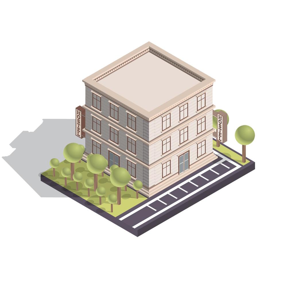 Isometric Hotel or Hostel Building Isolated on White Background. vector