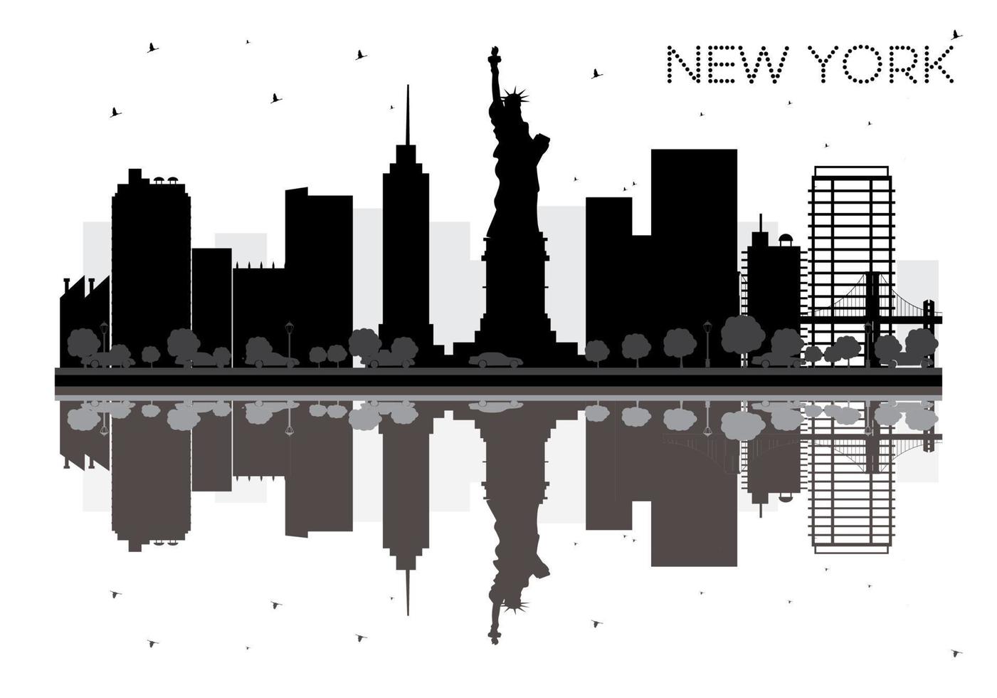 New York City skyline black and white silhouette with Reflections. vector