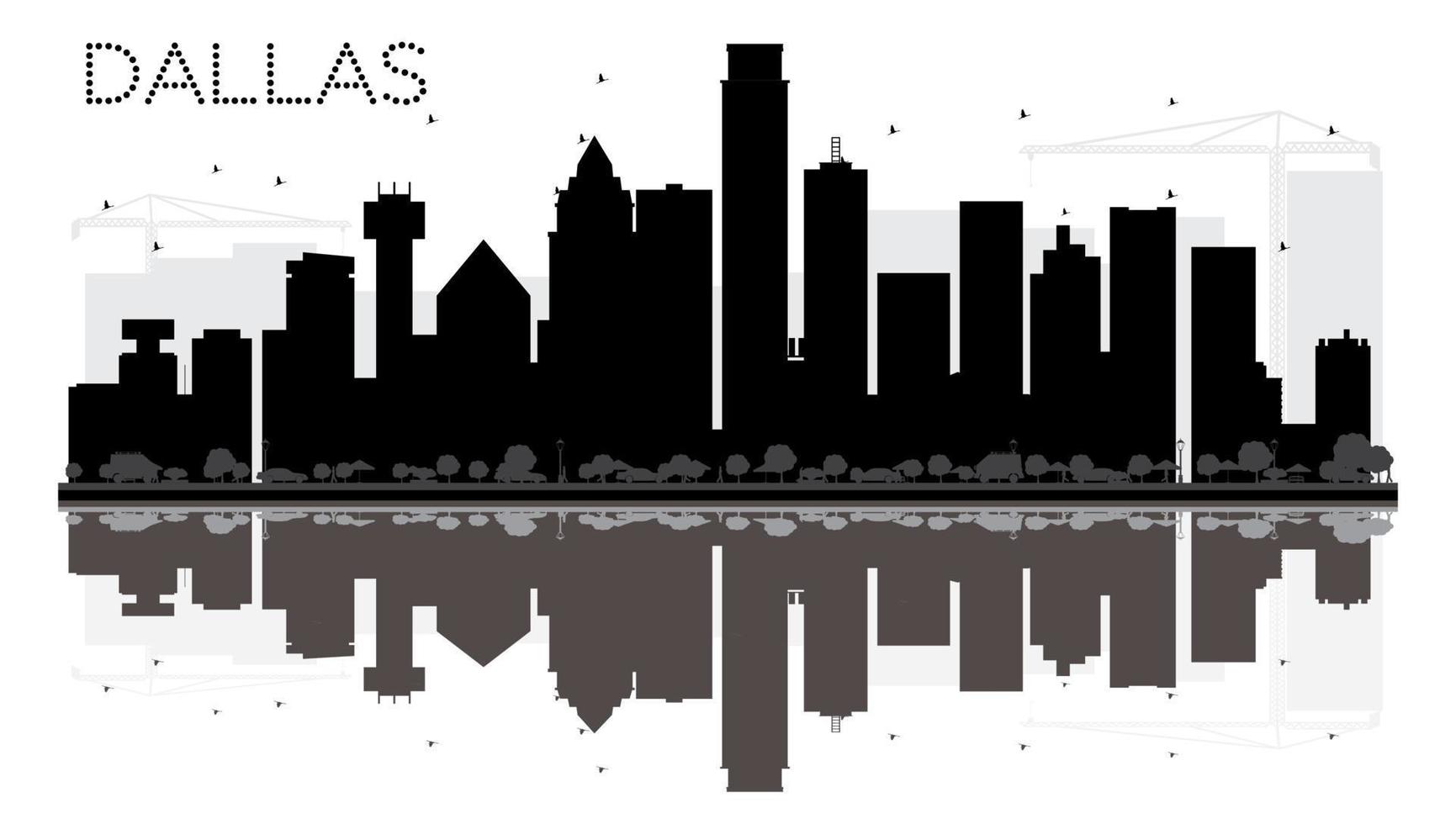 silueta en blanco y negro del horizonte de la ciudad de dallas con reflejos. vector