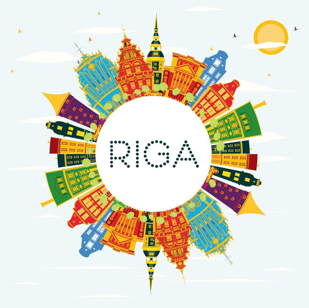 Riga Skyline with Color Buildings, Blue Sky and Copy Space. vector