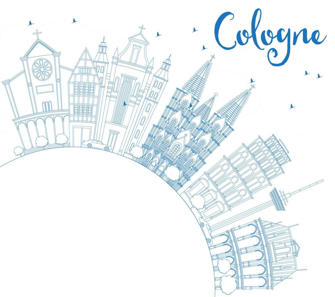 Outline Cologne Skyline with Blue Buildings and Copy Space. vector