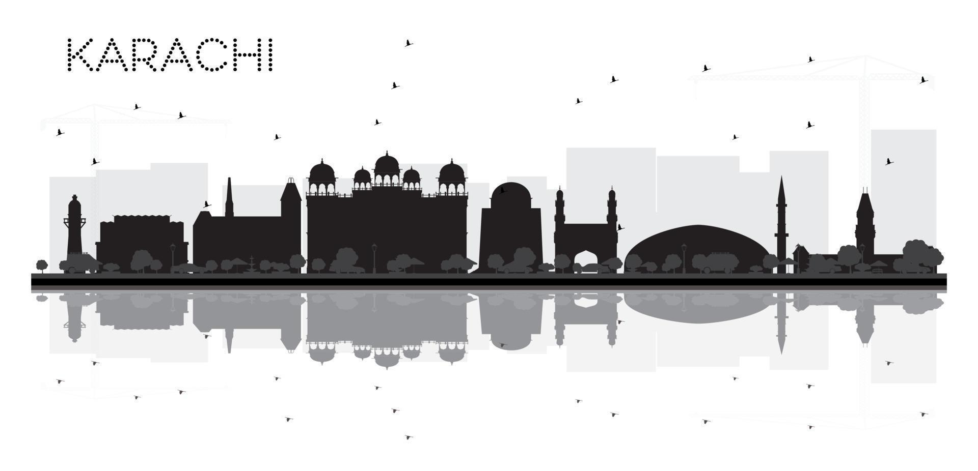 Silueta en blanco y negro del horizonte de la ciudad de Karachi con reflejos. vector