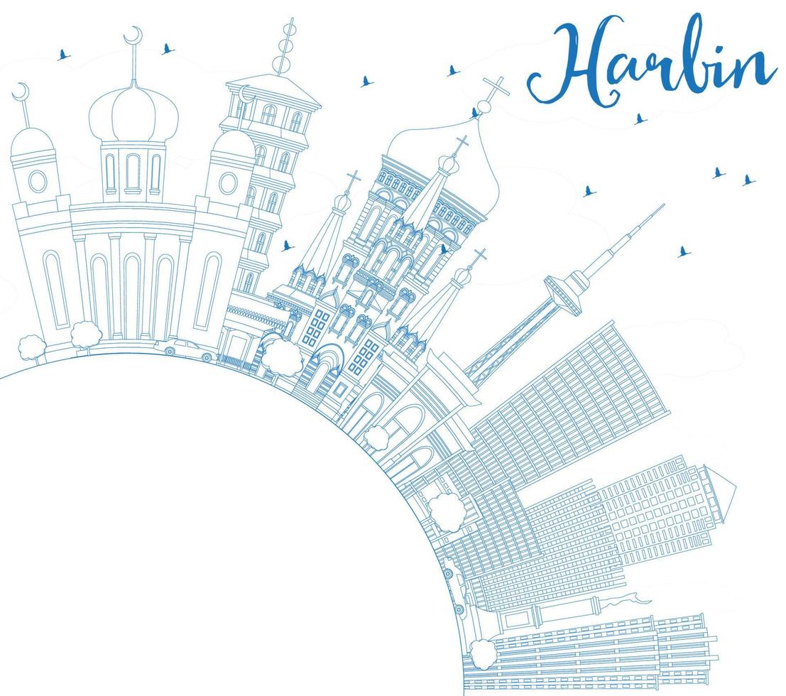 Outline Harbin Skyline with Blue Buildings and Copy Space. vector