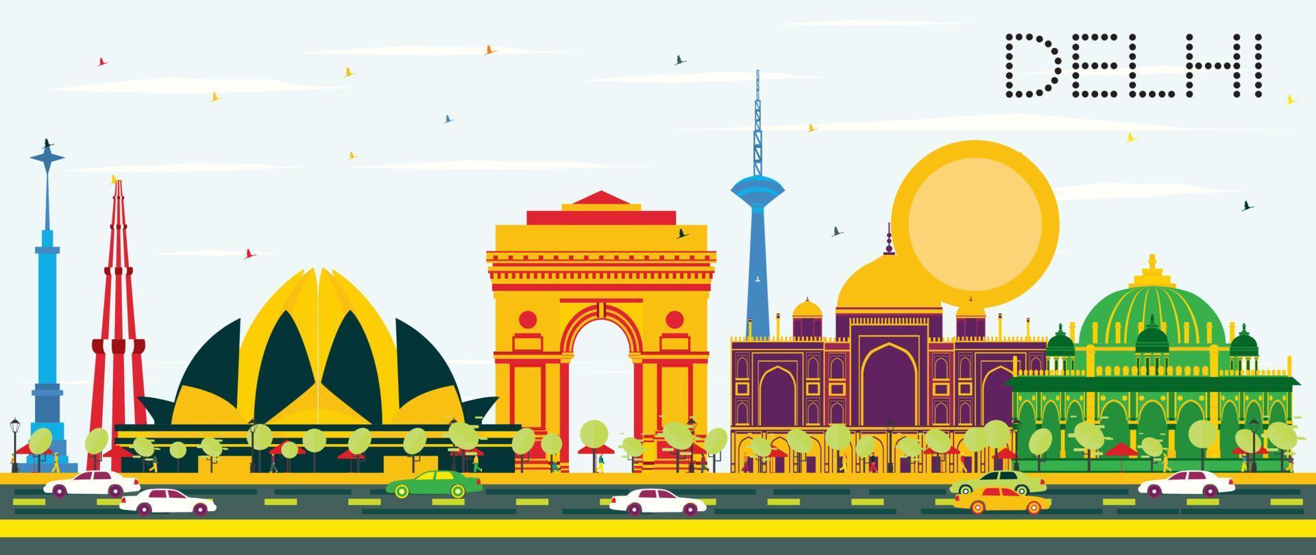 Delhi India Skyline with Color Buildings and Blue Sky. vector