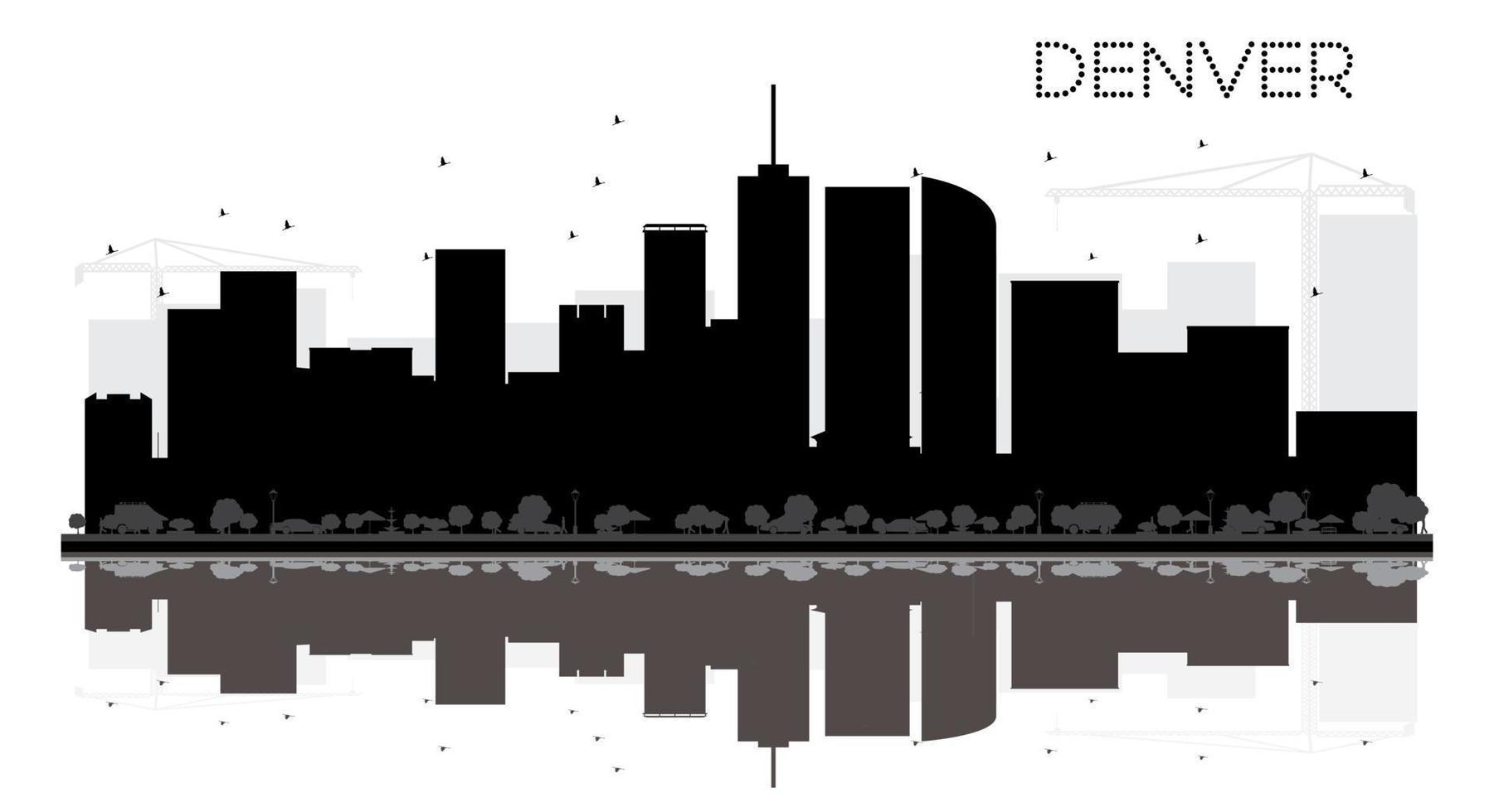 Denver City skyline black and white silhouette with reflections. vector