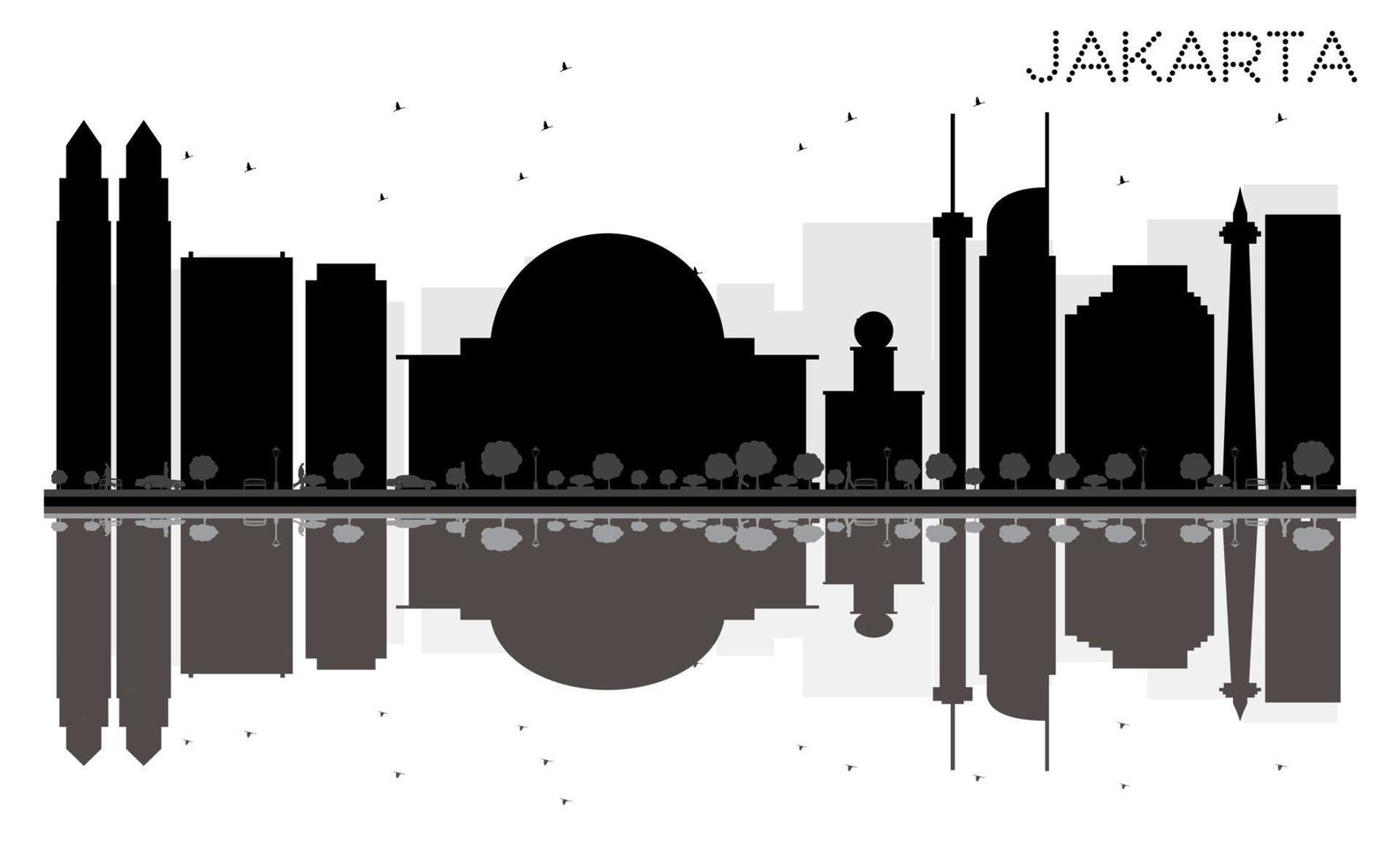Jakarta City skyline black and white silhouette with reflections. vector