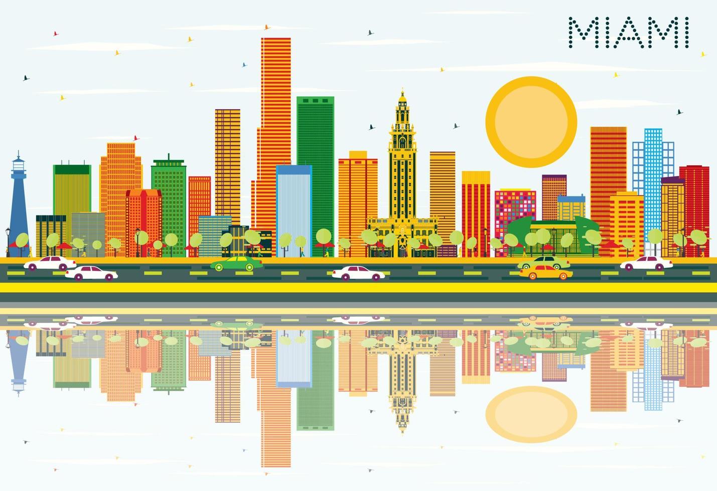 Miami Skyline with Color Buildings, Blue Sky and Reflections. vector
