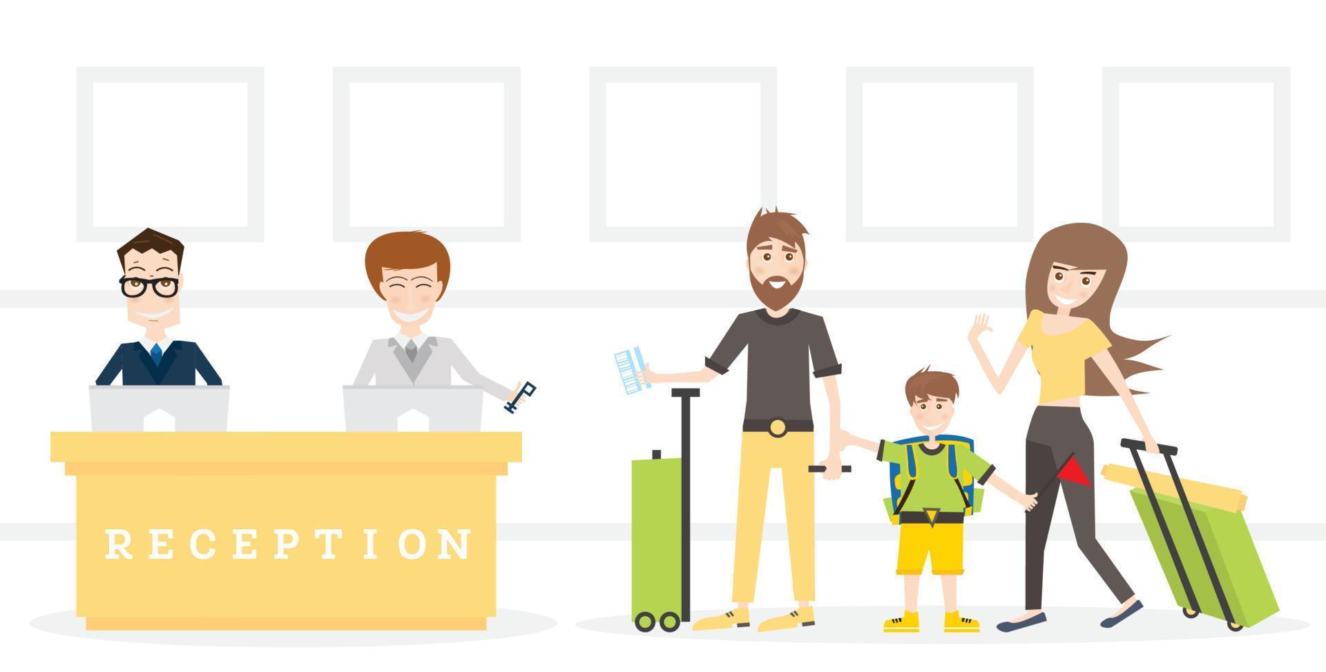 Family on Reception in Hotel Get Key from Room. vector