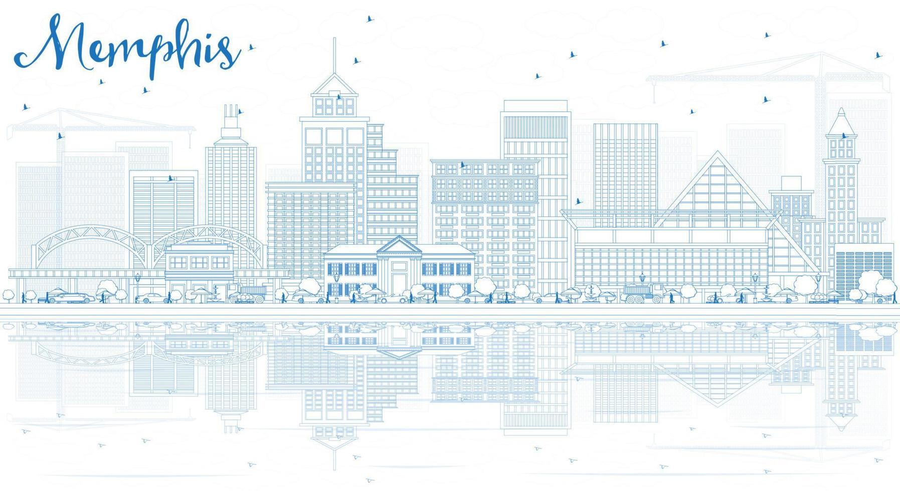 Outline Memphis Skyline with Blue Buildings and Reflections. vector