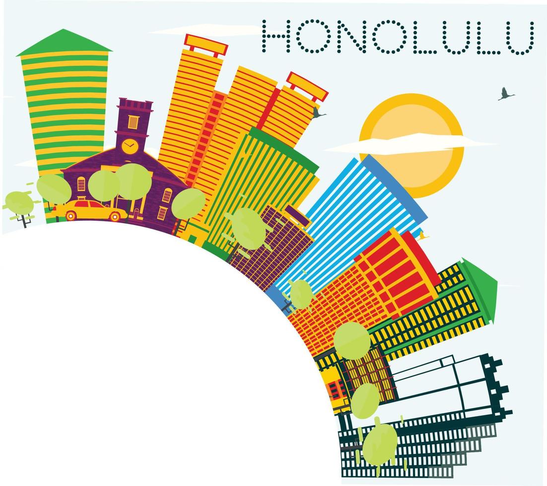 horizonte de honolulu con edificios de color, cielo azul y espacio para copiar. vector