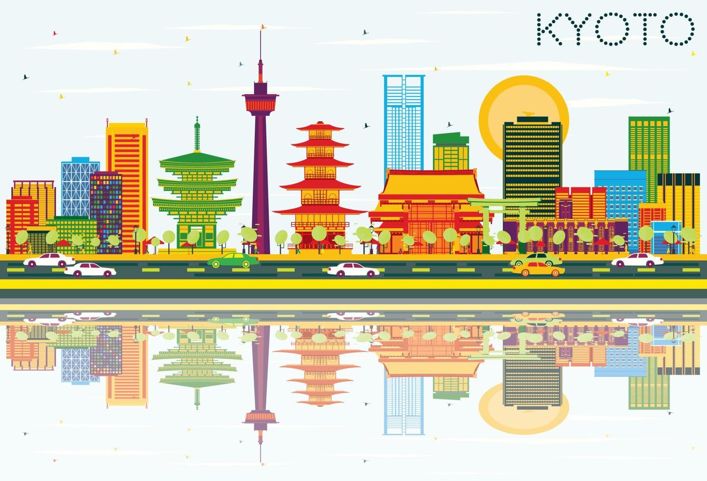 Kyoto Skyline with Color Buildings, Blue Sky and Reflections. vector