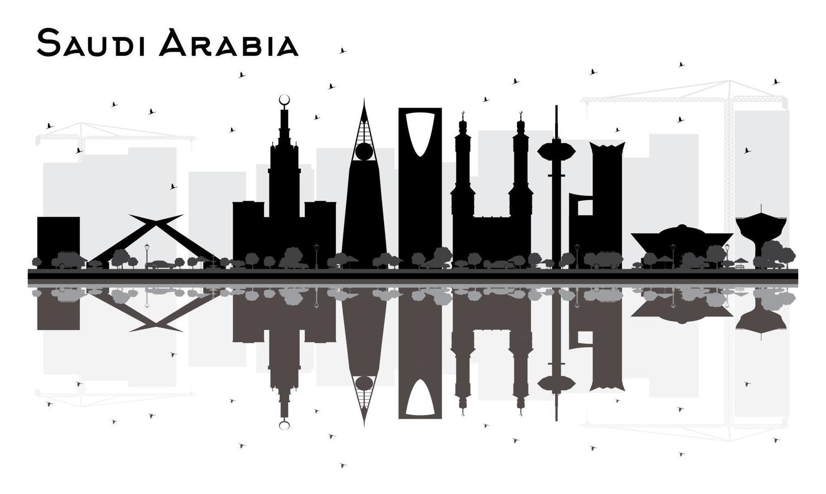 Saudi Arabia skyline black and white silhouette with reflections. vector