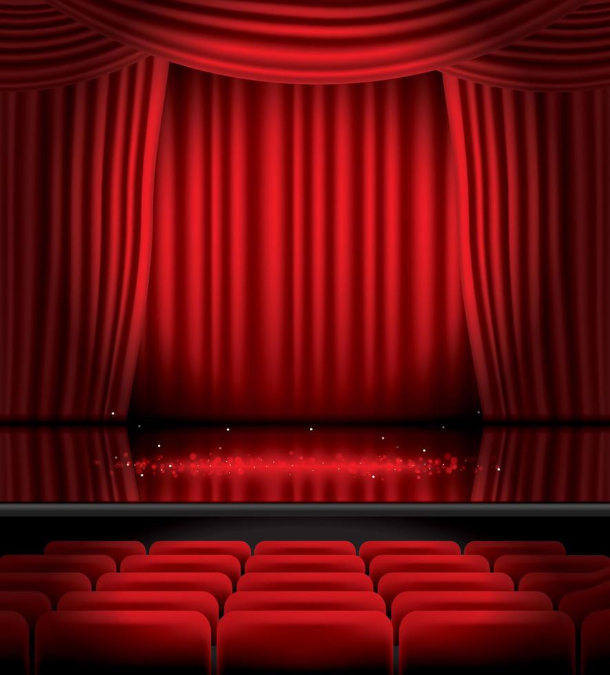Open Red Curtains with Seats and Copy Space. vector