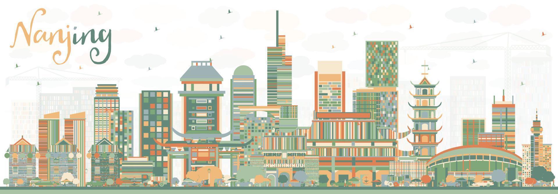 Nanjing China Skyline with Color Buildings. vector