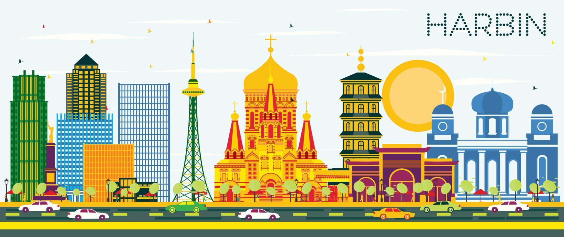 Harbin China Skyline with Color Buildings and Blue Sky. vector
