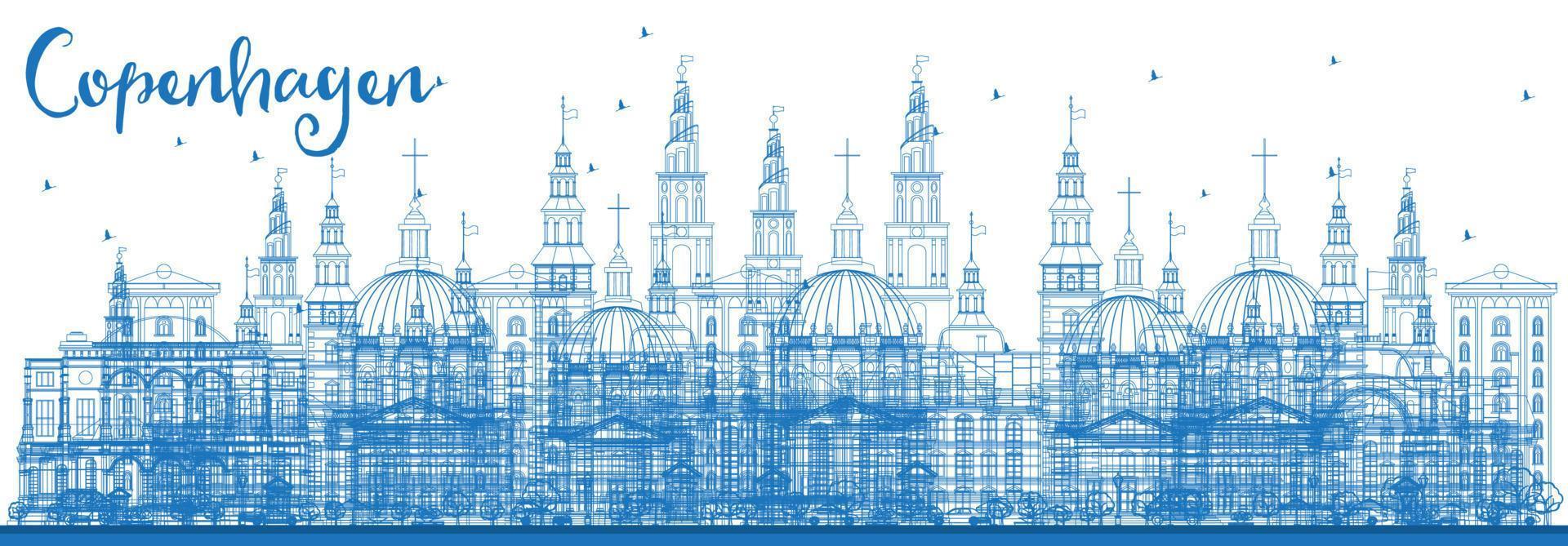 Outline Copenhagen Skyline with Blue Landmarks. vector