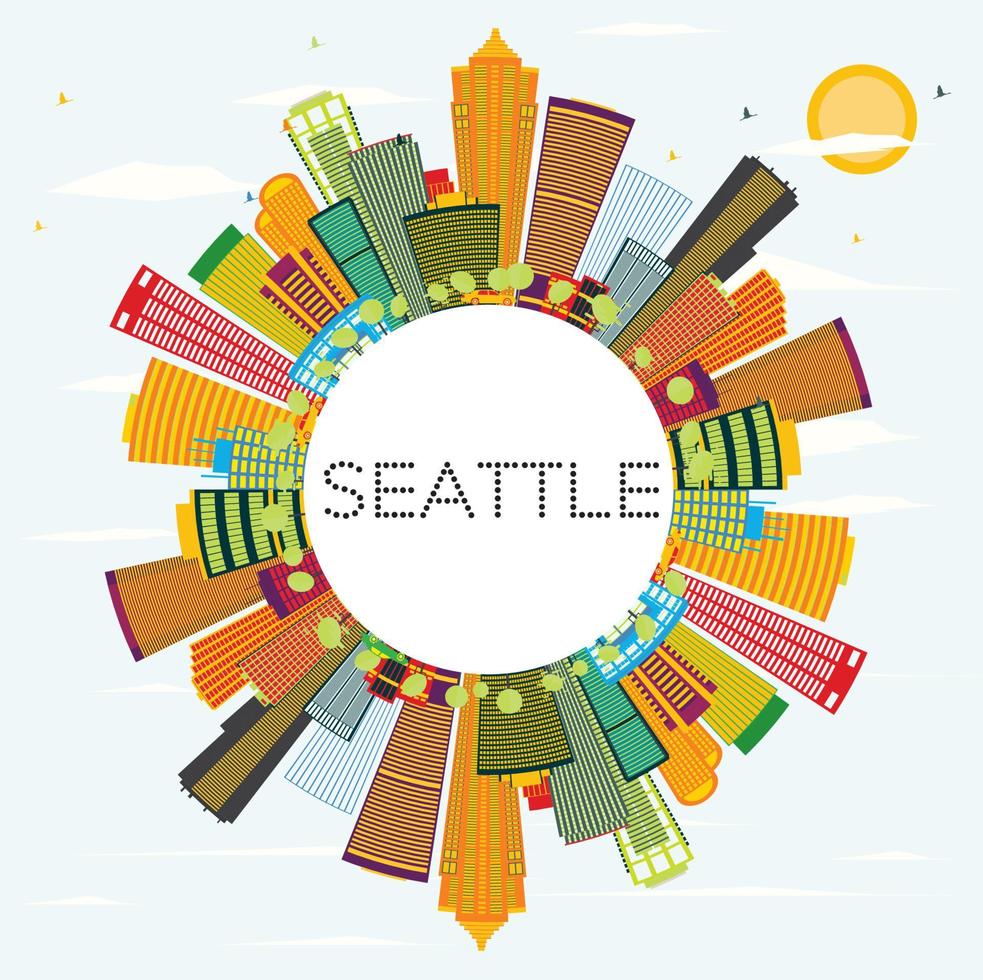 Seattle Skyline with Color Buildings and Copy Space. vector