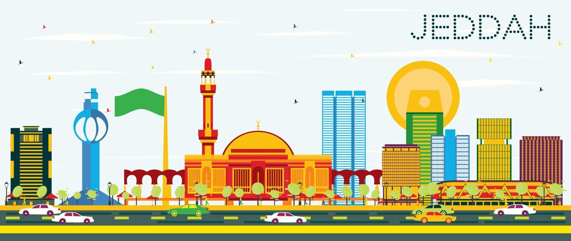 Jeddah Skyline with Color Buildings and Blue Sky. vector