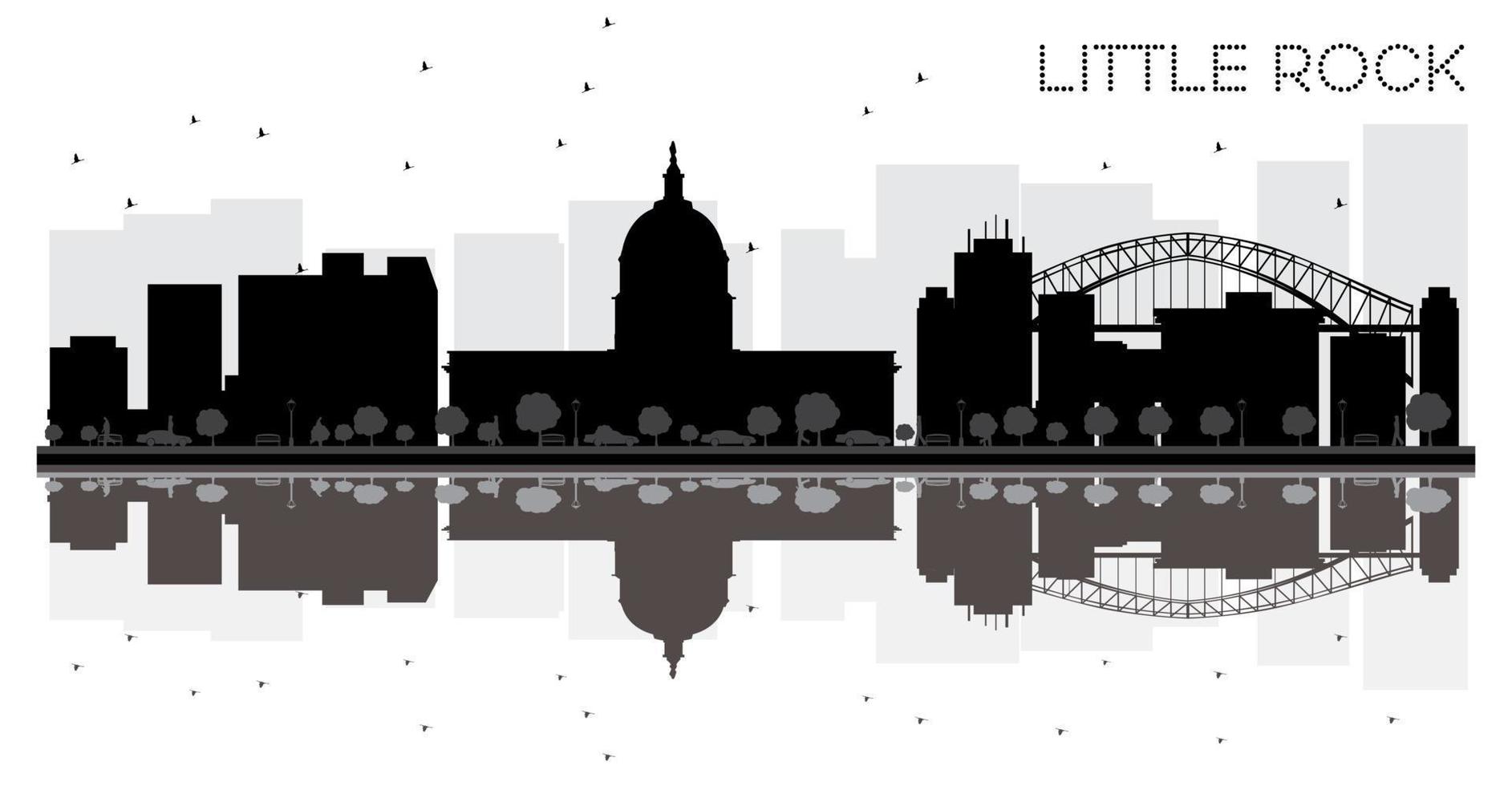 Little Rock City Skyline silueta en blanco y negro con reflejos. vector