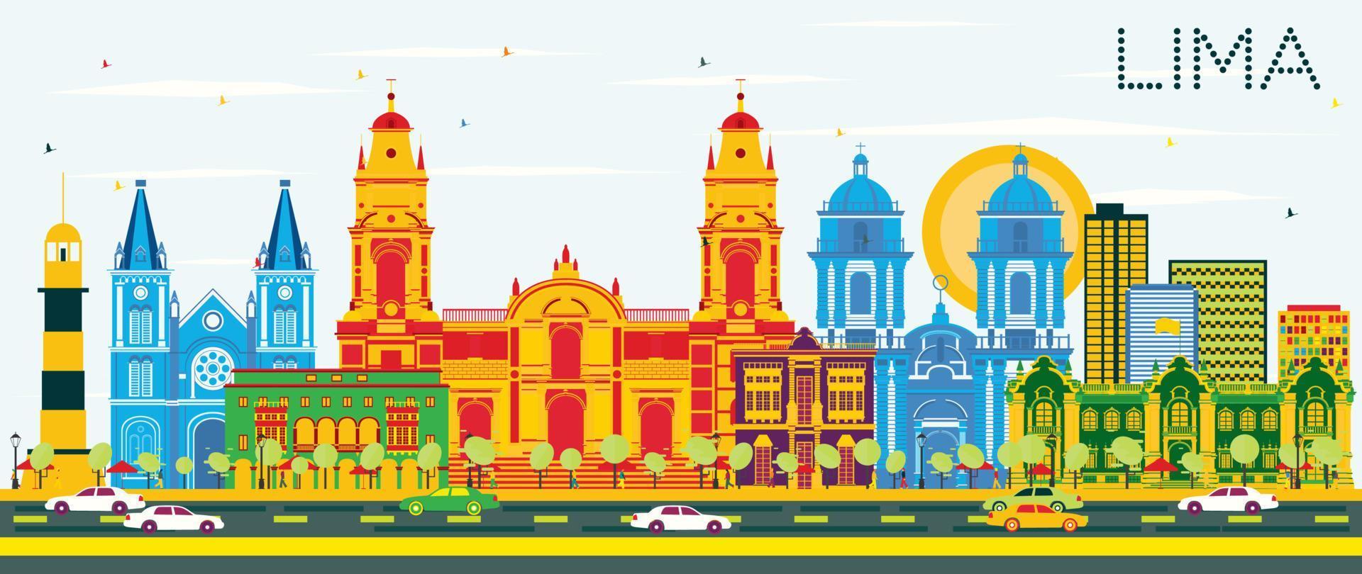 Lima Skyline with Color Buildings and Blue Sky. vector