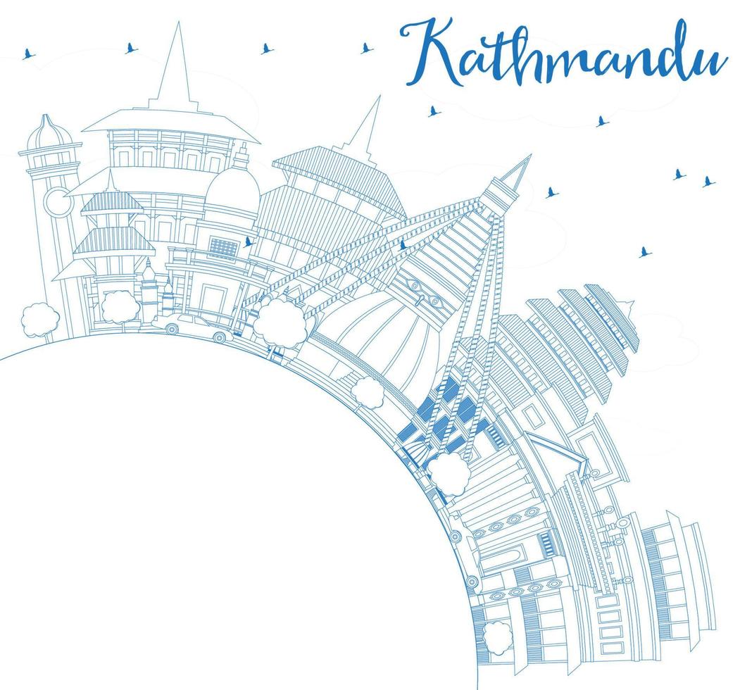 Outline Kathmandu Skyline with Blue Buildings and Copy Space. vector