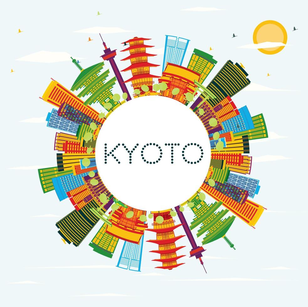 horizonte de kyoto con edificios de color, cielo azul y espacio para copiar. vector