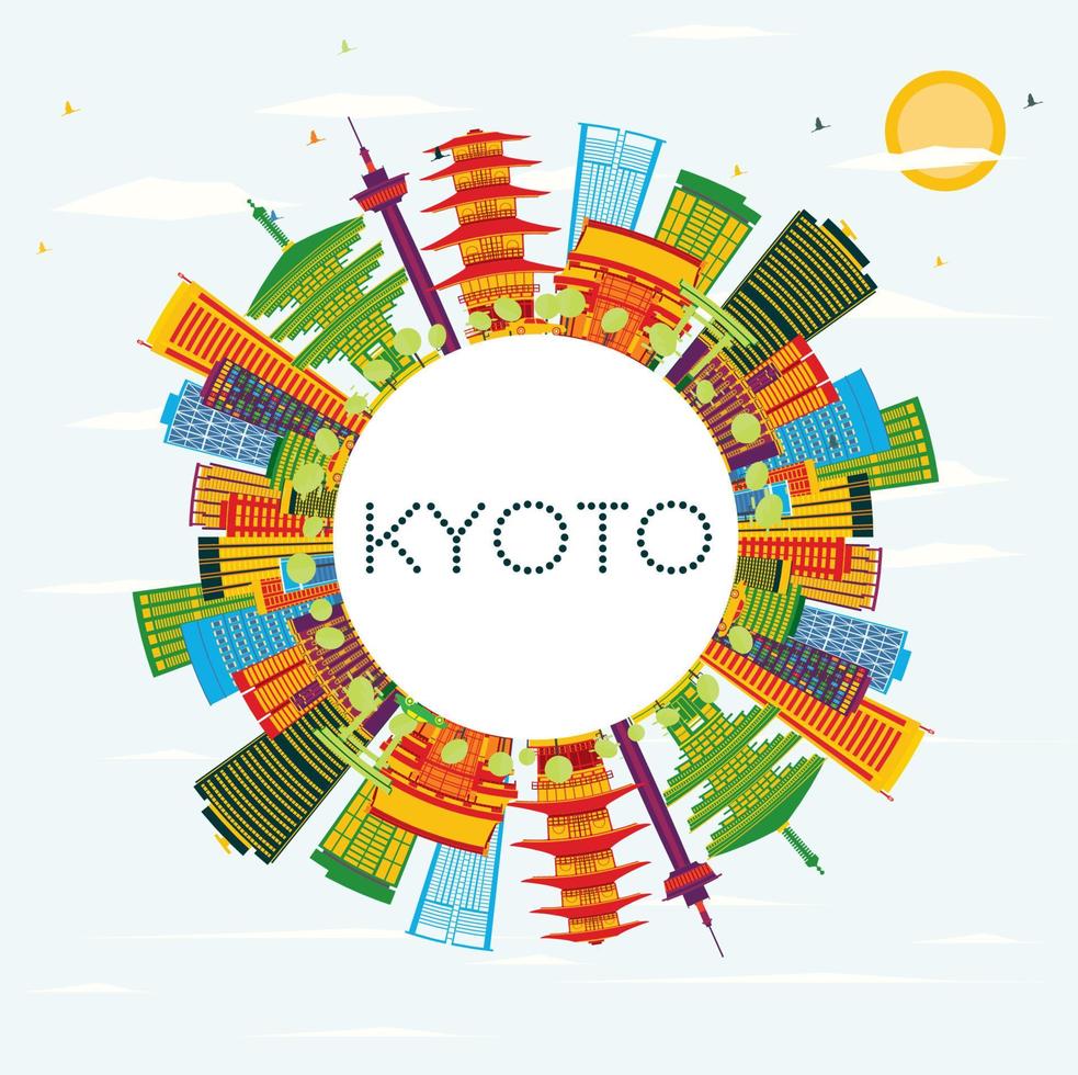 Kyoto Skyline with Color Buildings, Blue Sky and Copy Space. vector