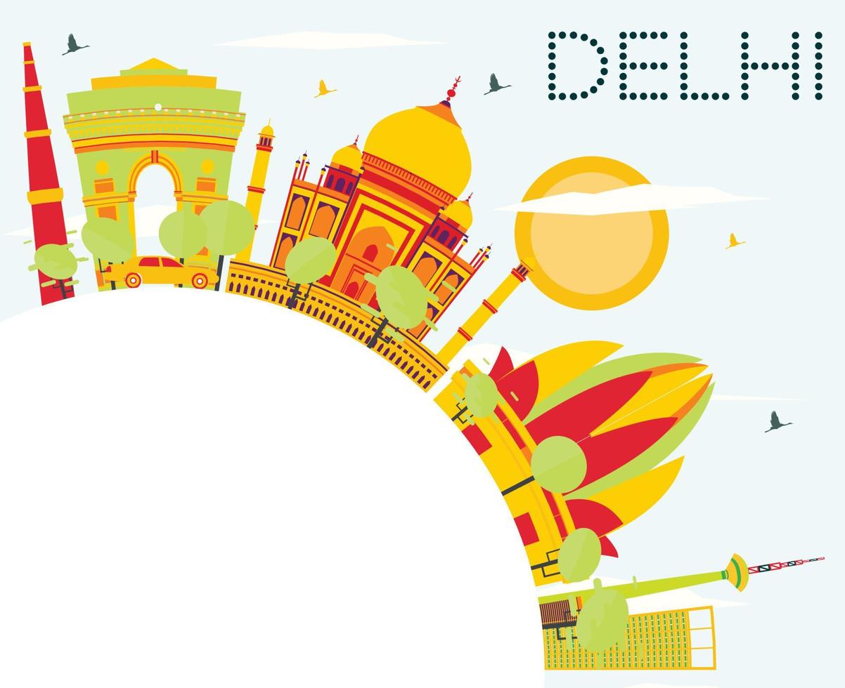 horizonte de delhi con edificios de color, cielo azul y espacio de copia. vector