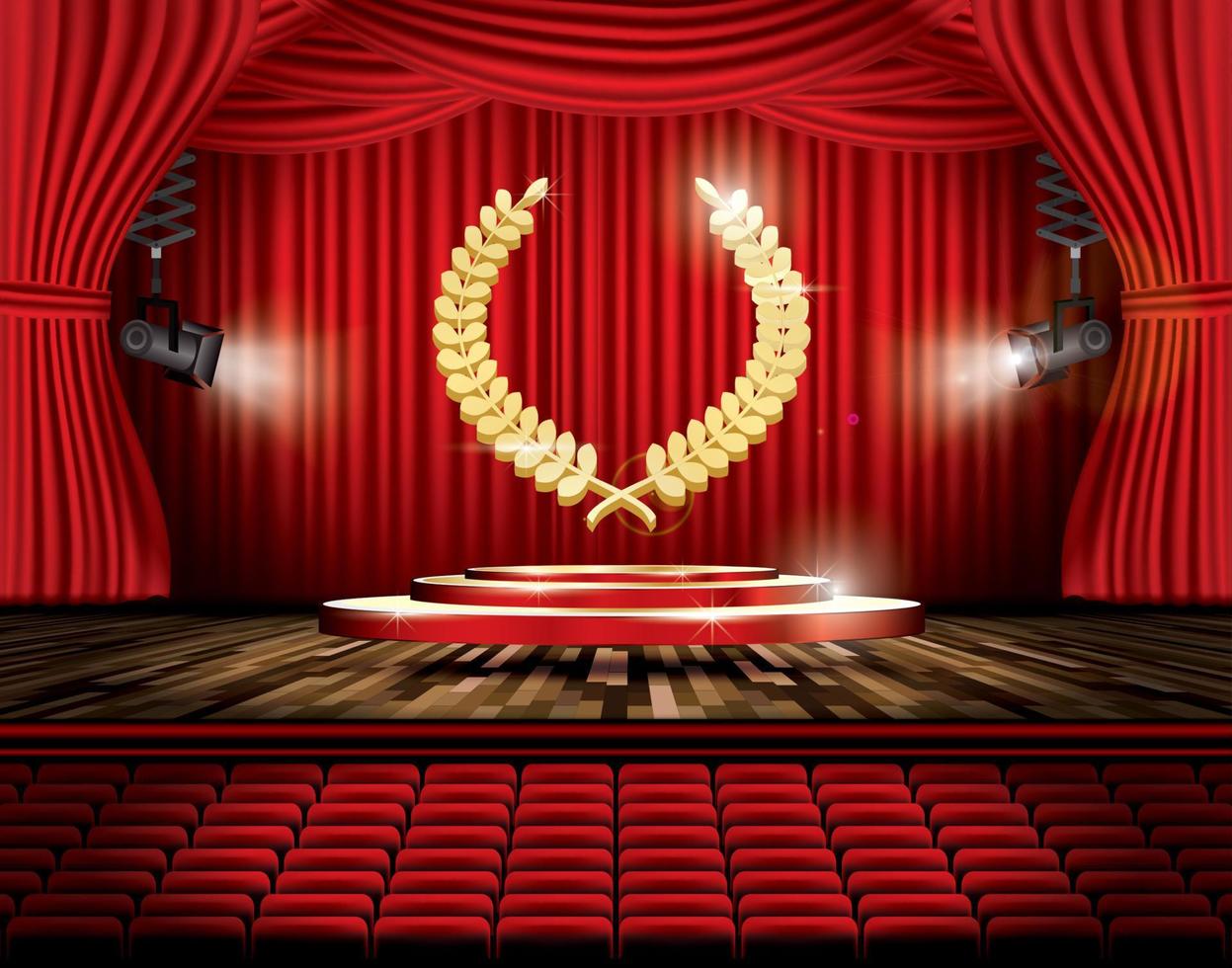 Red Stage Curtain with Spotlights, Seats and Golden Laurel Wreath. vector