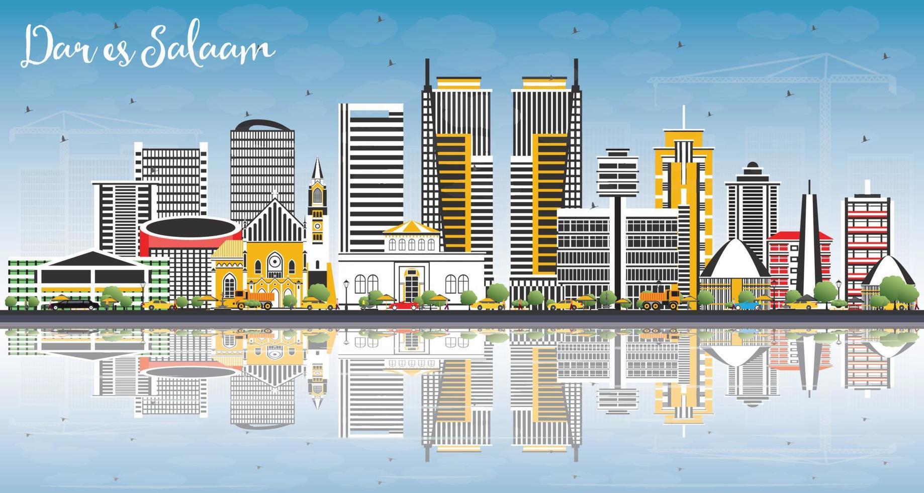 Dar Es Salaam Tanzania Skyline with Color Buildings, Blue Sky and Reflections. vector