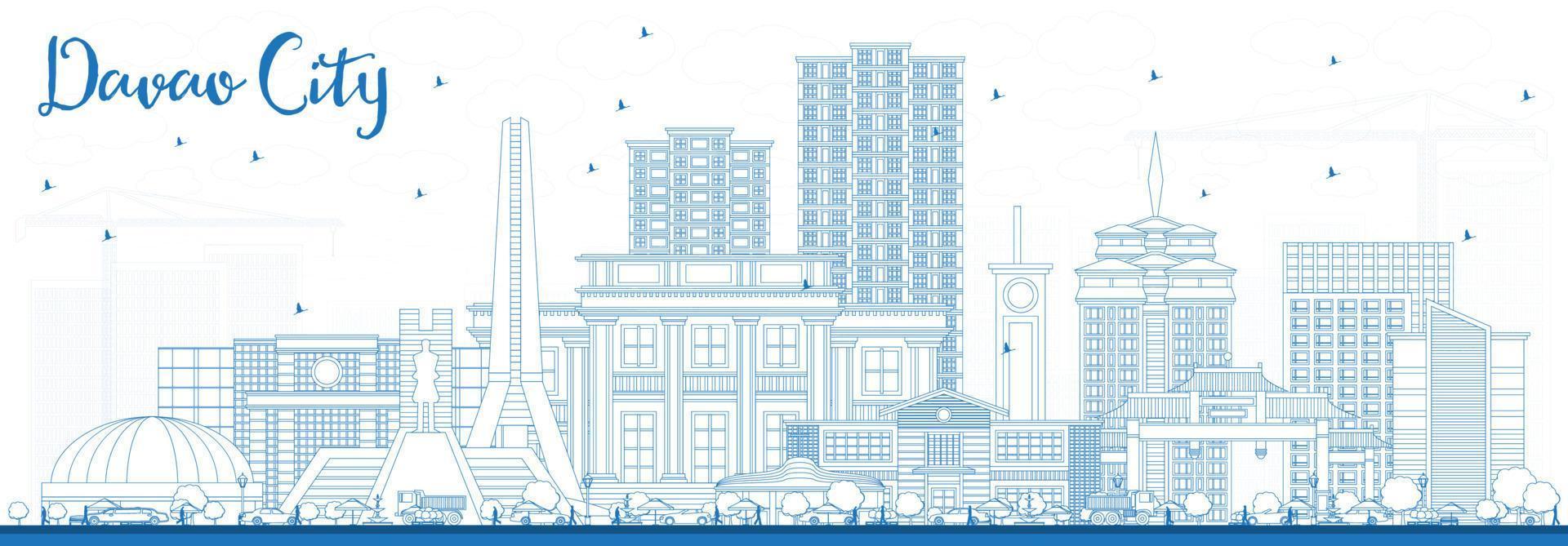 Outline Davao City Philippines Skyline with Blue Buildings. vector