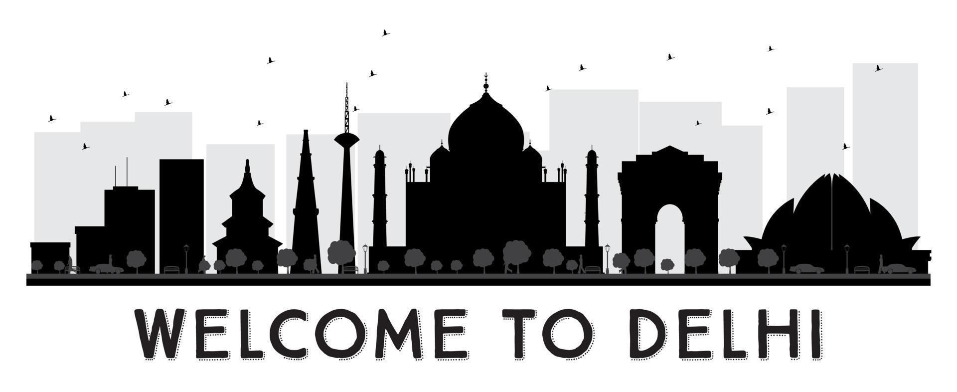 silueta en blanco y negro del horizonte de la ciudad de delhi. vector