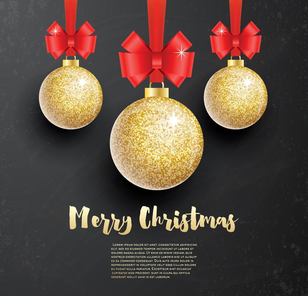 Christmas Greeting Card with Golden Glitter Christmas Ball and Red Bow on Black Chalkboard Background. vector
