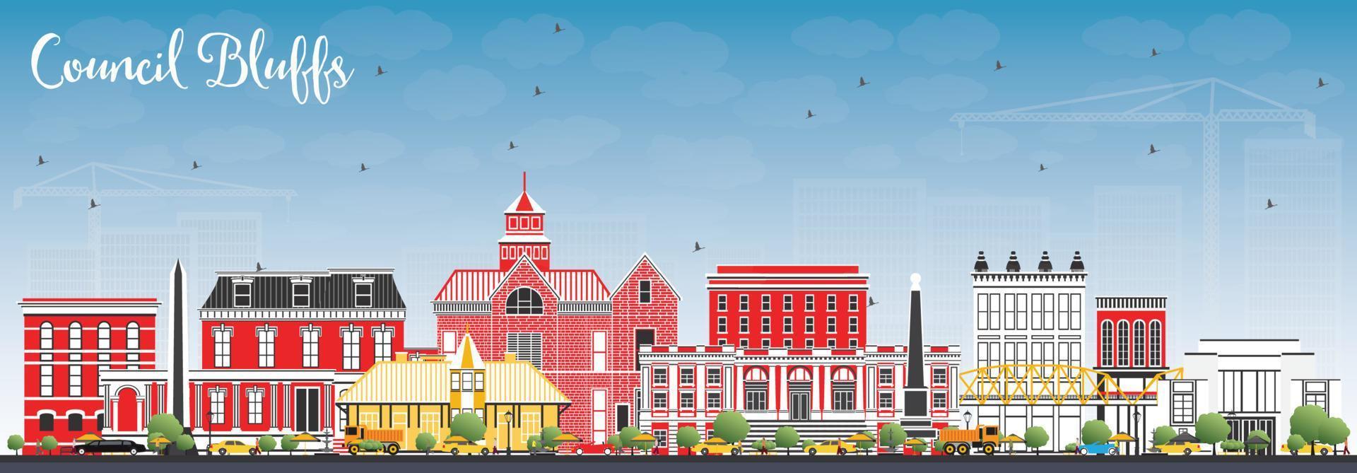 Council Bluffs Iowa Skyline with Color Buildings and Blue Sky. vector