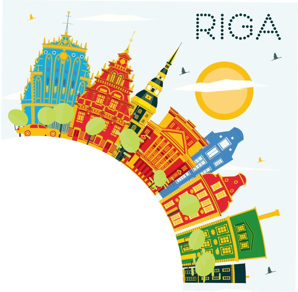 horizonte de riga con edificios de color, cielo azul y espacio de copia. vector