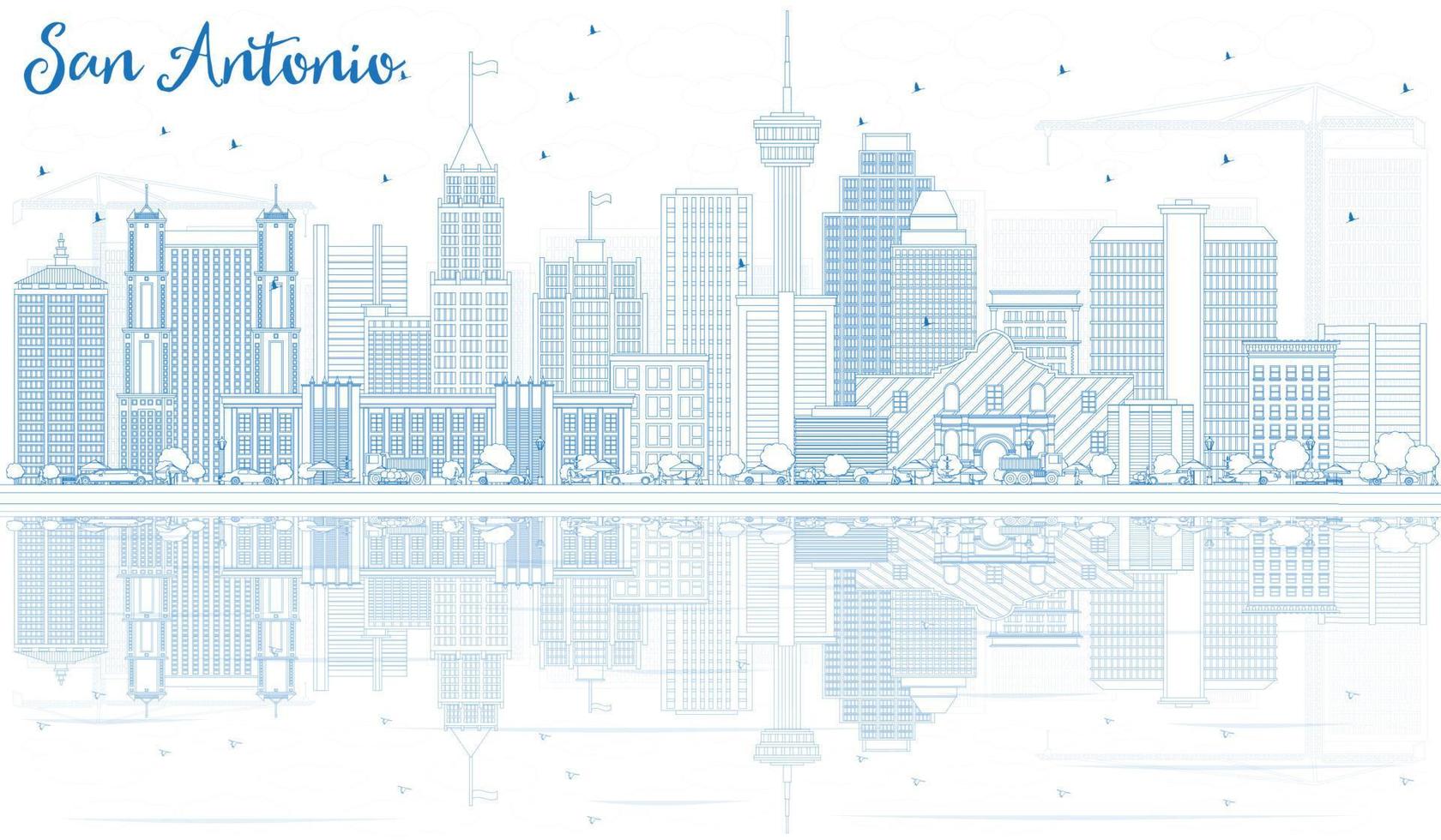 Outline San Antonio Skyline with Blue Buildings and Reflections. vector