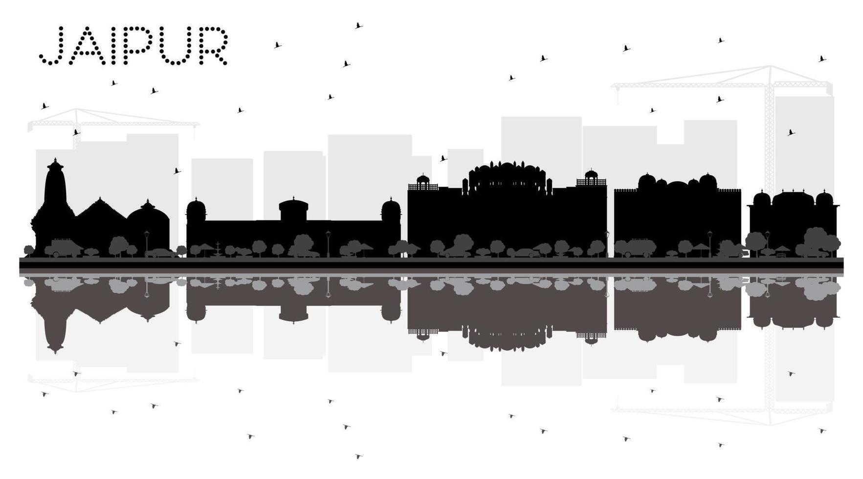 silueta en blanco y negro del horizonte de la ciudad de jaipur con reflejos. vector