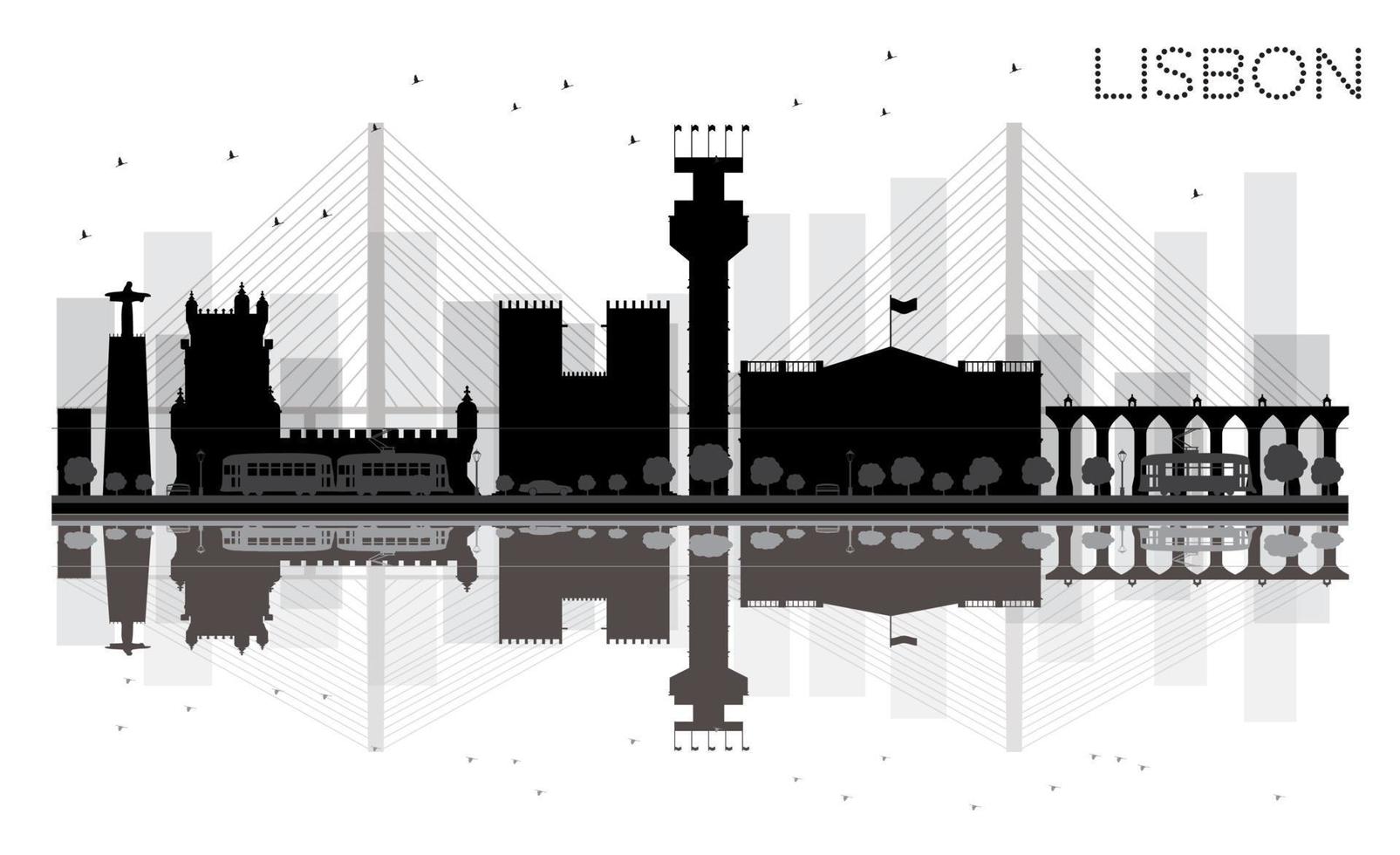 Silueta de horizonte de la ciudad de lisboa en blanco y negro con reflejos. vector