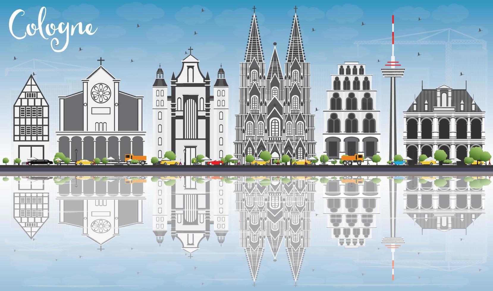 Cologne Skyline with Gray Buildings, Blue Sky and Reflections. vector