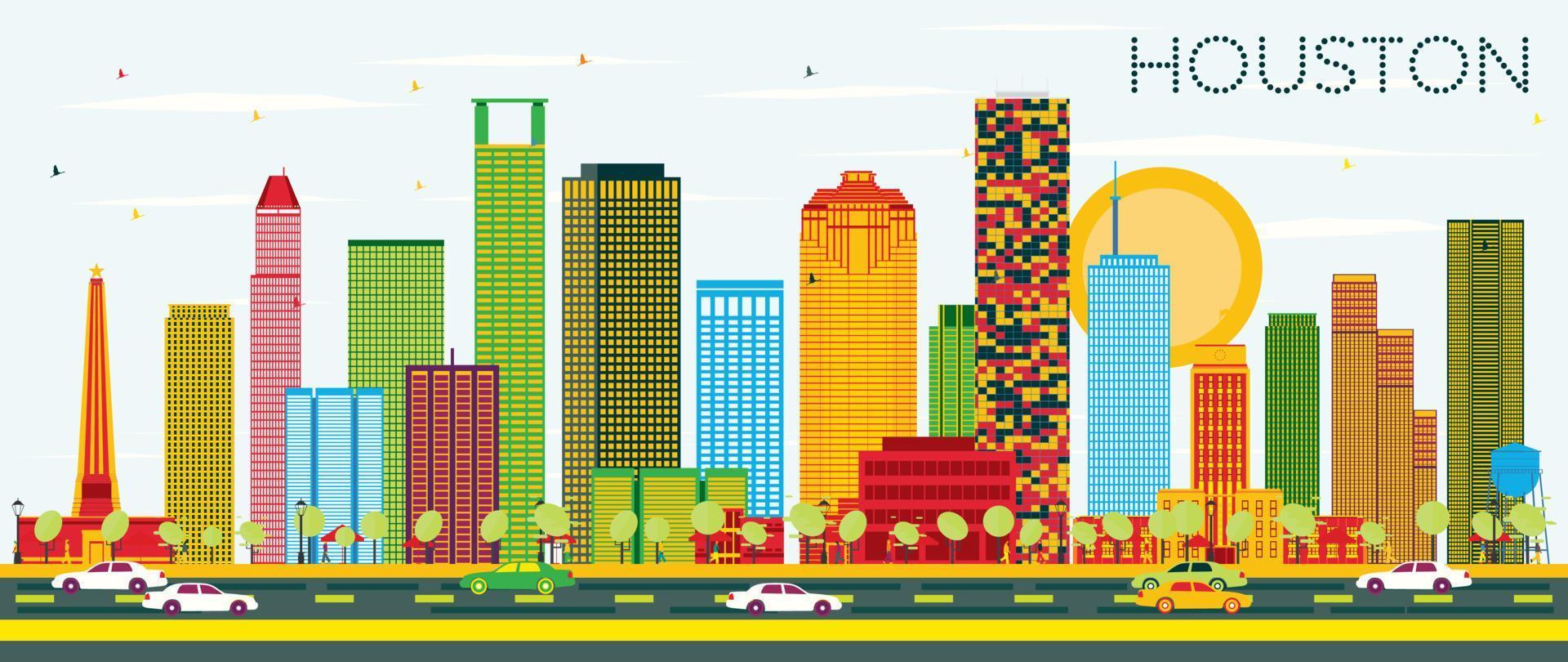 Houston Skyline with Color Buildings and Blue Sky. vector