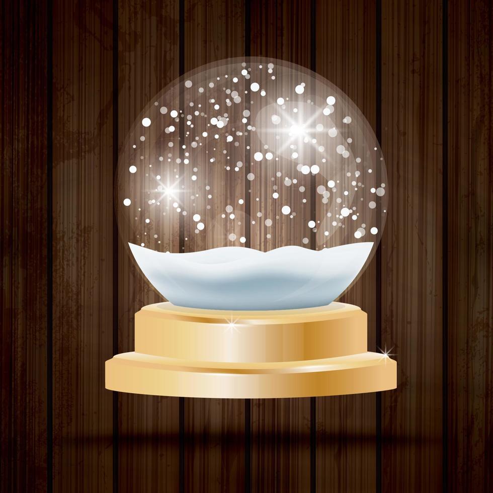 Christmas Crystal Ball with Snow on Wooden Background. vector