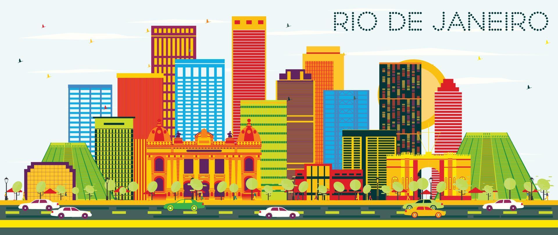 Rio De Janeiro Skyline with Color Buildings and Blue Sky. vector