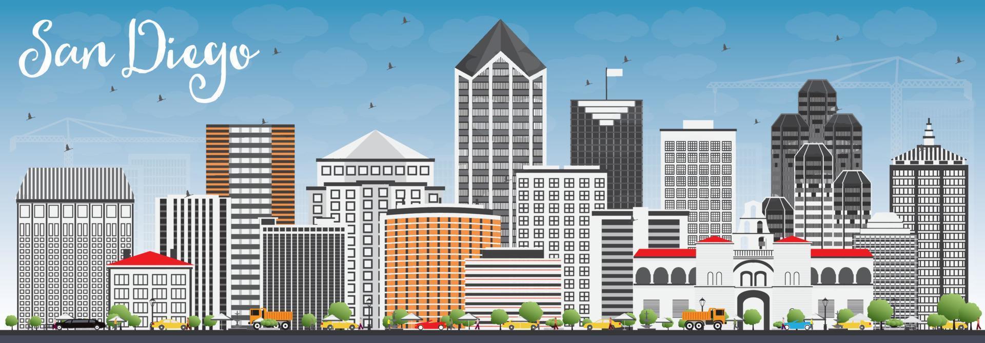 San Diego Skyline with Gray Buildings and Blue Sky. vector