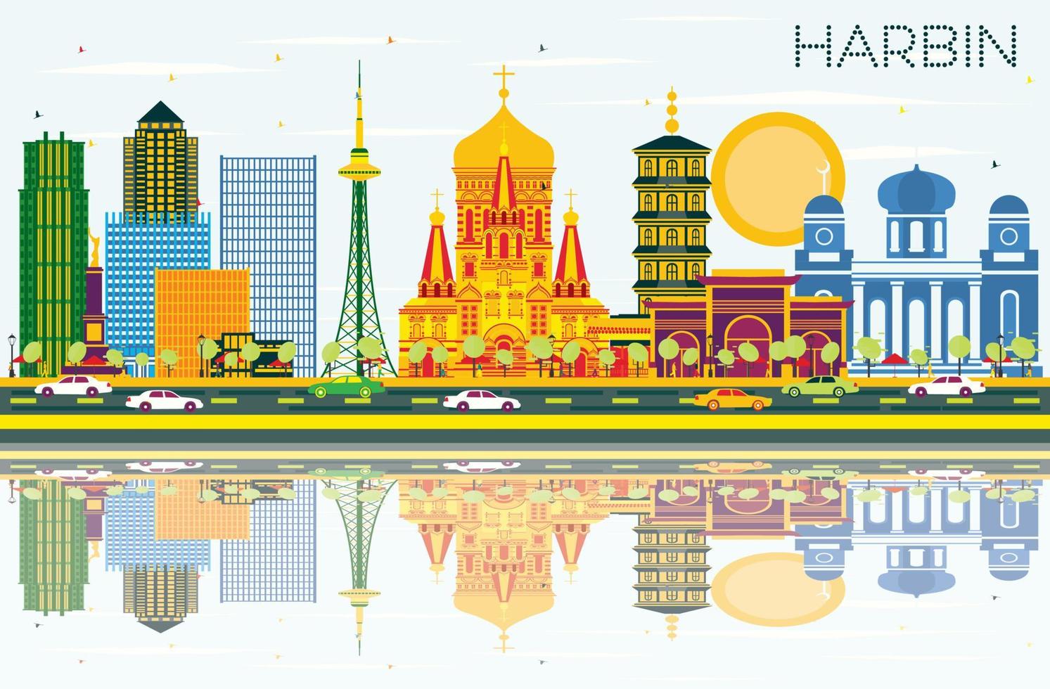 Harbin China Skyline with Color Buildings, Blue Sky and Reflections. vector