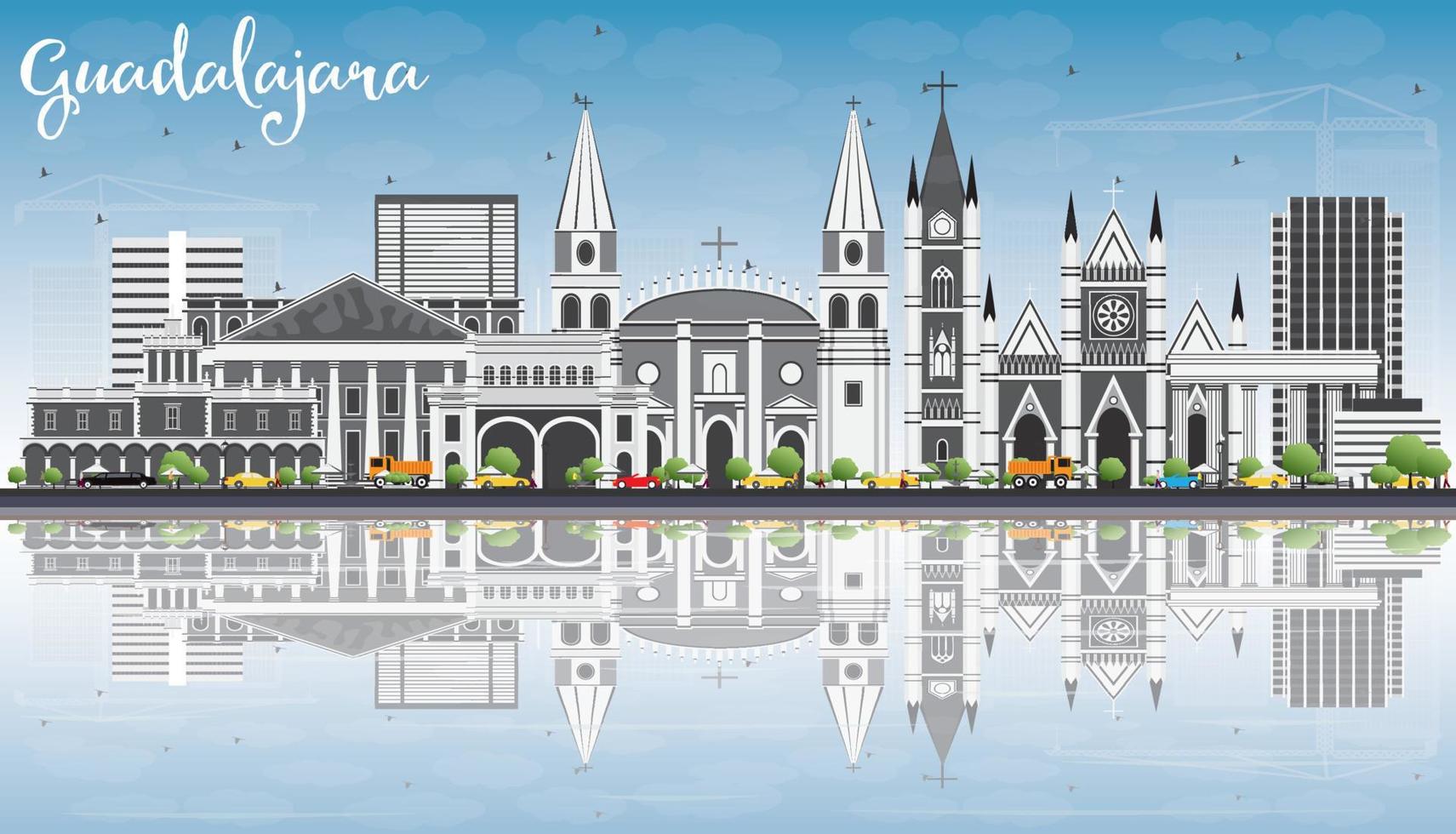 horizonte de guadalajara con edificios grises, cielo azul y reflejos. vector